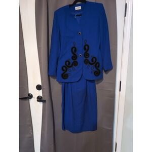 Kasper ASL Blue Skirt Suit, Vintage Embroidered Suit Set, Size 8, Black‎ Accents